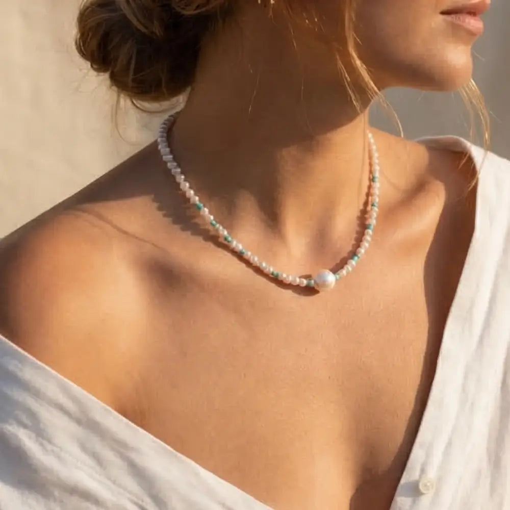 freshwater pearl and turquoise beaded necklace worn on woman elegant summer jewelry Julie Saldivia